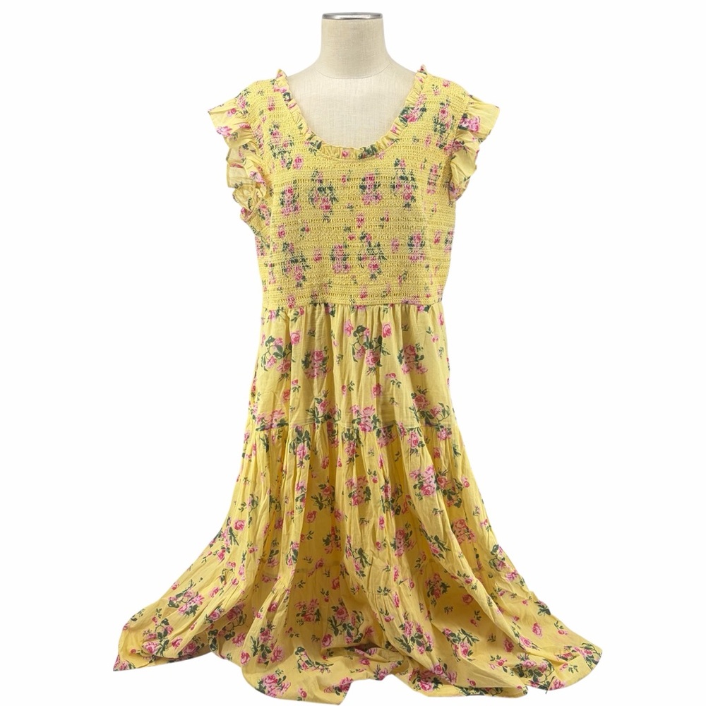 JessaKae Yellow Floral Smocked Dress Women's Plus Size 3X Cottagecore Ruffle